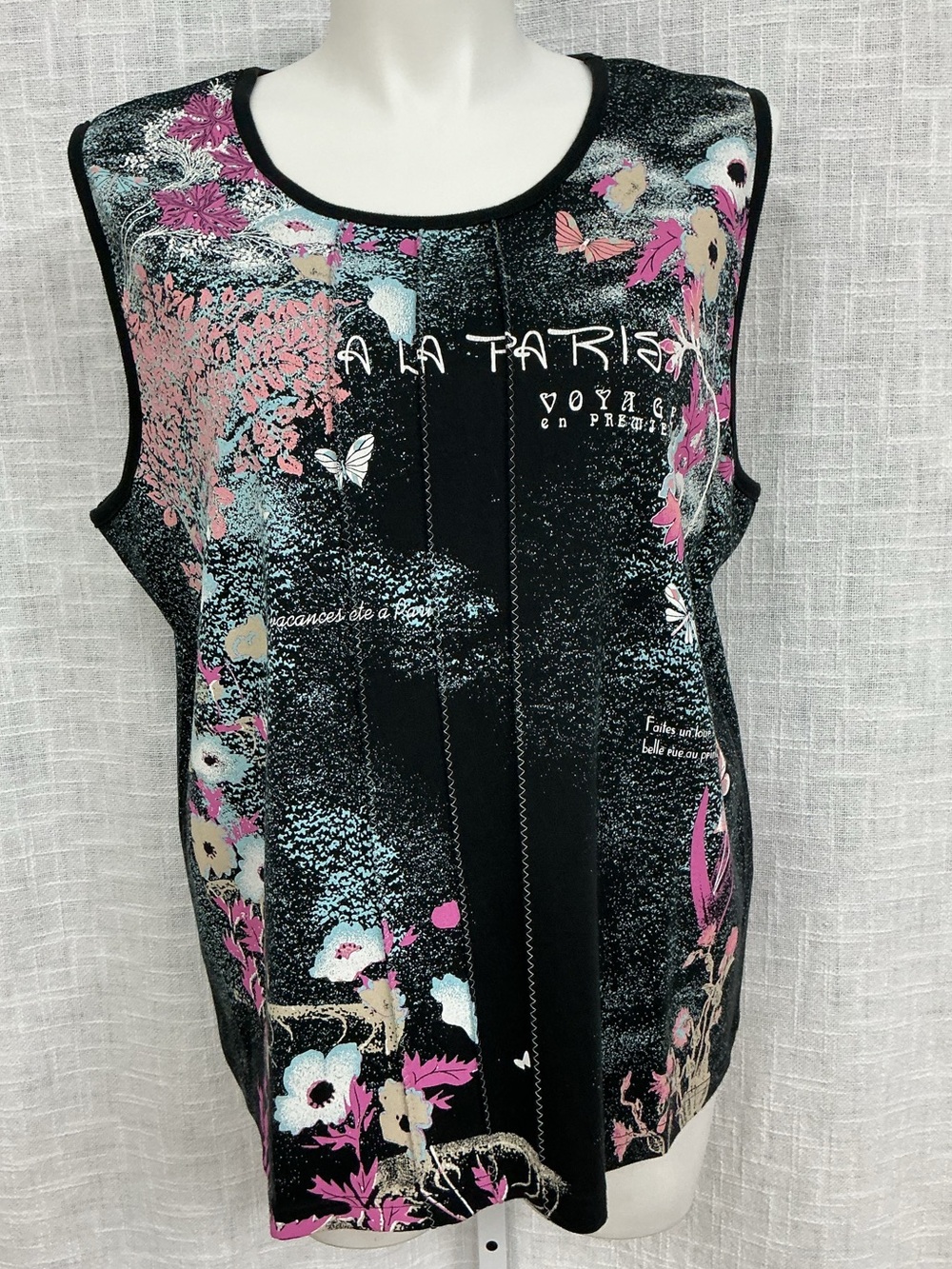 Christopher & Banks Black Tank Top with Pink and Cream Floral Print
